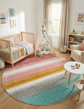 7' 10 x 7' 10 Rainbow Stripes Whimsy Kids Round Rug