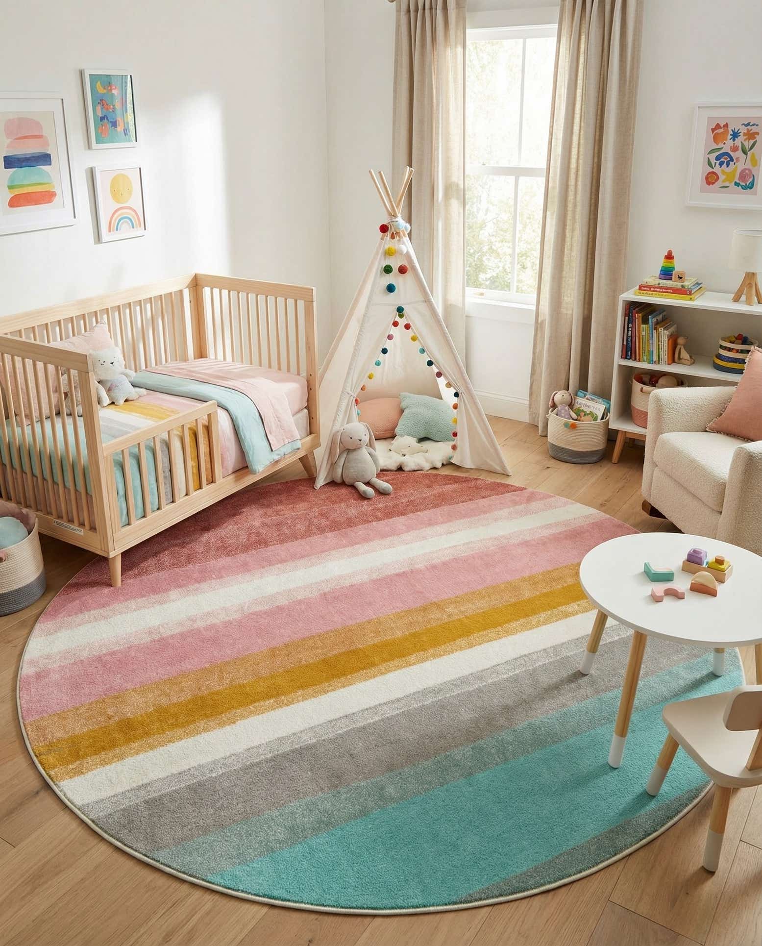 7' 10 x 7' 10 Rainbow Stripes Whimsy Kids Round Rug