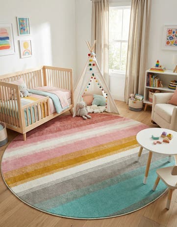 7' 10 x 7' 10 Rainbow Stripes Whimsy Kids Round Rug
