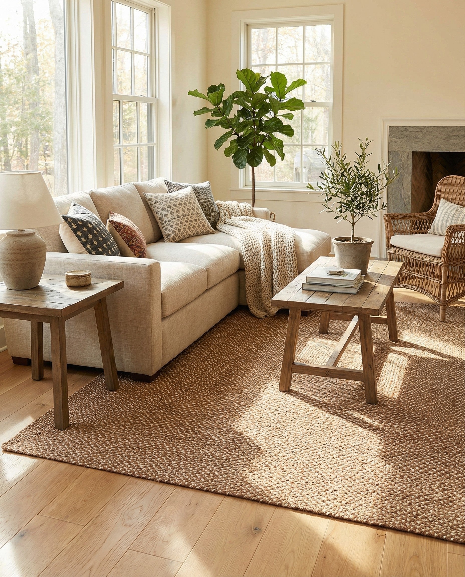 A close-up view of a square Rugs.com Tweed Braided Jute rug, featuring a textured brown and tan modern pattern.