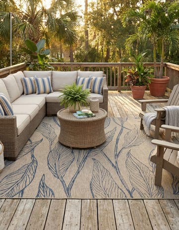Light Gray Easy-Clean Botanical Indoor / Outdoor Square Rug