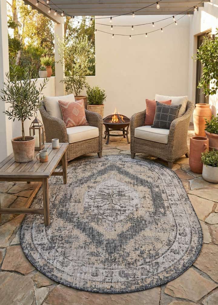 5' 3 x 8' Easy-Clean Traditional Indoor / Outdoor Oval Rug