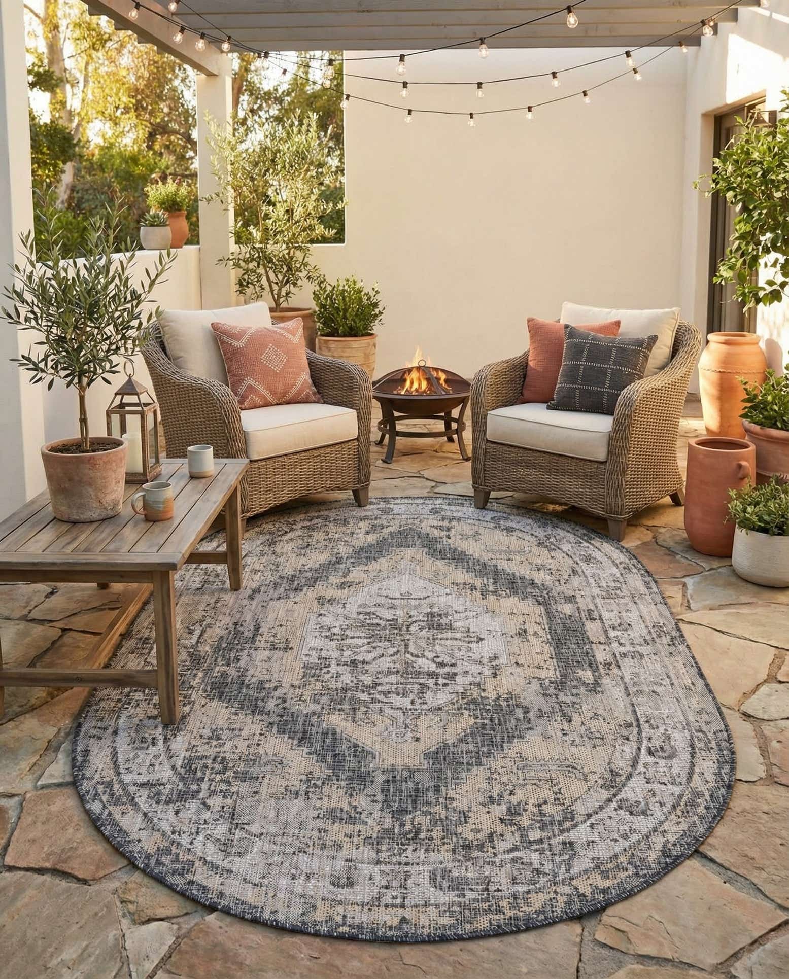 5' 3 x 8' Easy-Clean Traditional Indoor / Outdoor Oval Rug