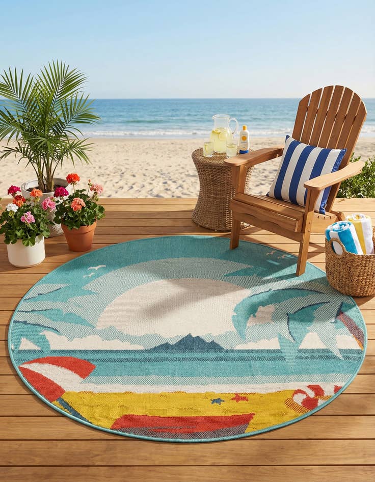 Detail image of 4' x 4'  Washable Coastal Indoor / Outdoor Round Rug