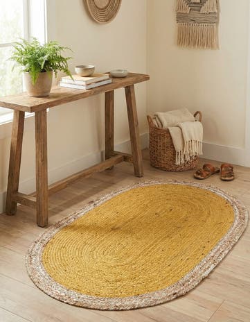Yellow Handmade Braided Jute Oval Rug