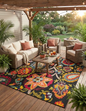 Multi Black Easy-Clean Casablanca Indoor / Outdoor Square Rug