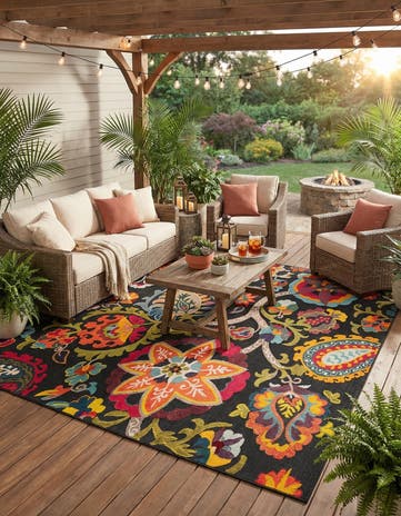 Multi Black Easy-Clean Casablanca Indoor / Outdoor Square Rug
