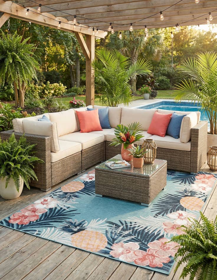 Detail image of 6' 4 x 9'  Washable Botanical Indoor / Outdoor Rug