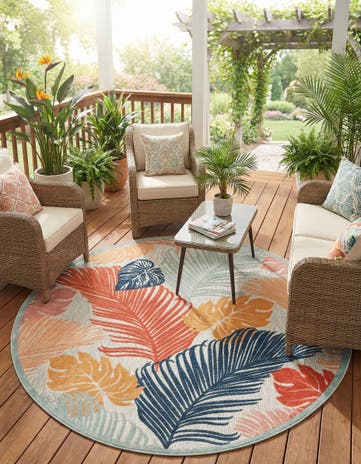 Easy-Clean Botanical Indoor / Outdoor Round Rug