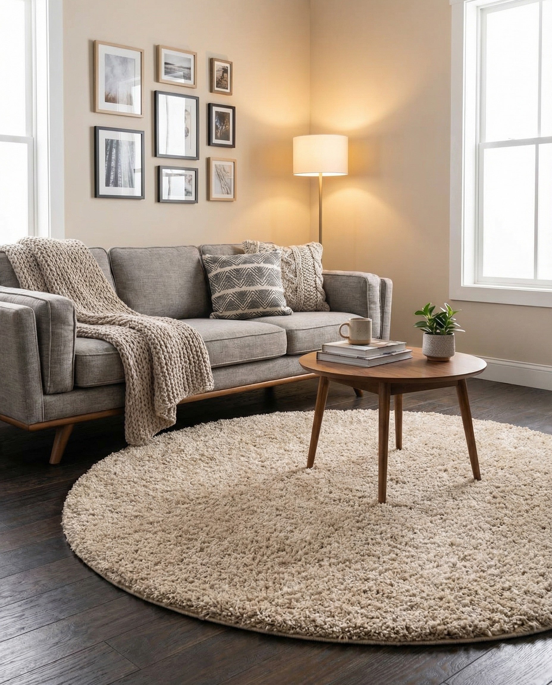 A 4' round shag rug in a blend of brown and tan, showcasing its plush, textured pile.