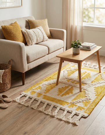 Yellow and White Hand Woven Arizona Wool Rug