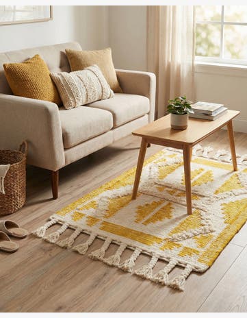 Yellow and White Hand Woven Arizona Wool Rug
