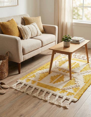 Yellow and White Hand Woven Arizona Wool Rug