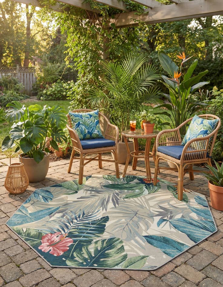Detail image of 7' x 7'  Washable Botanical Indoor / Outdoor Octagon Rug