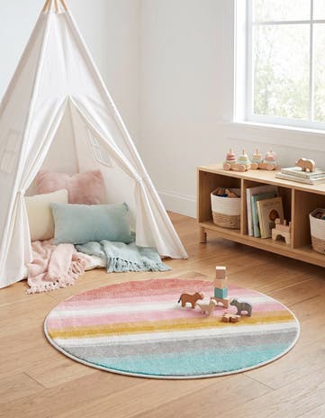 3' 3 x 3' 3 Rainbow Stripes Whimsy Kids Round Rug