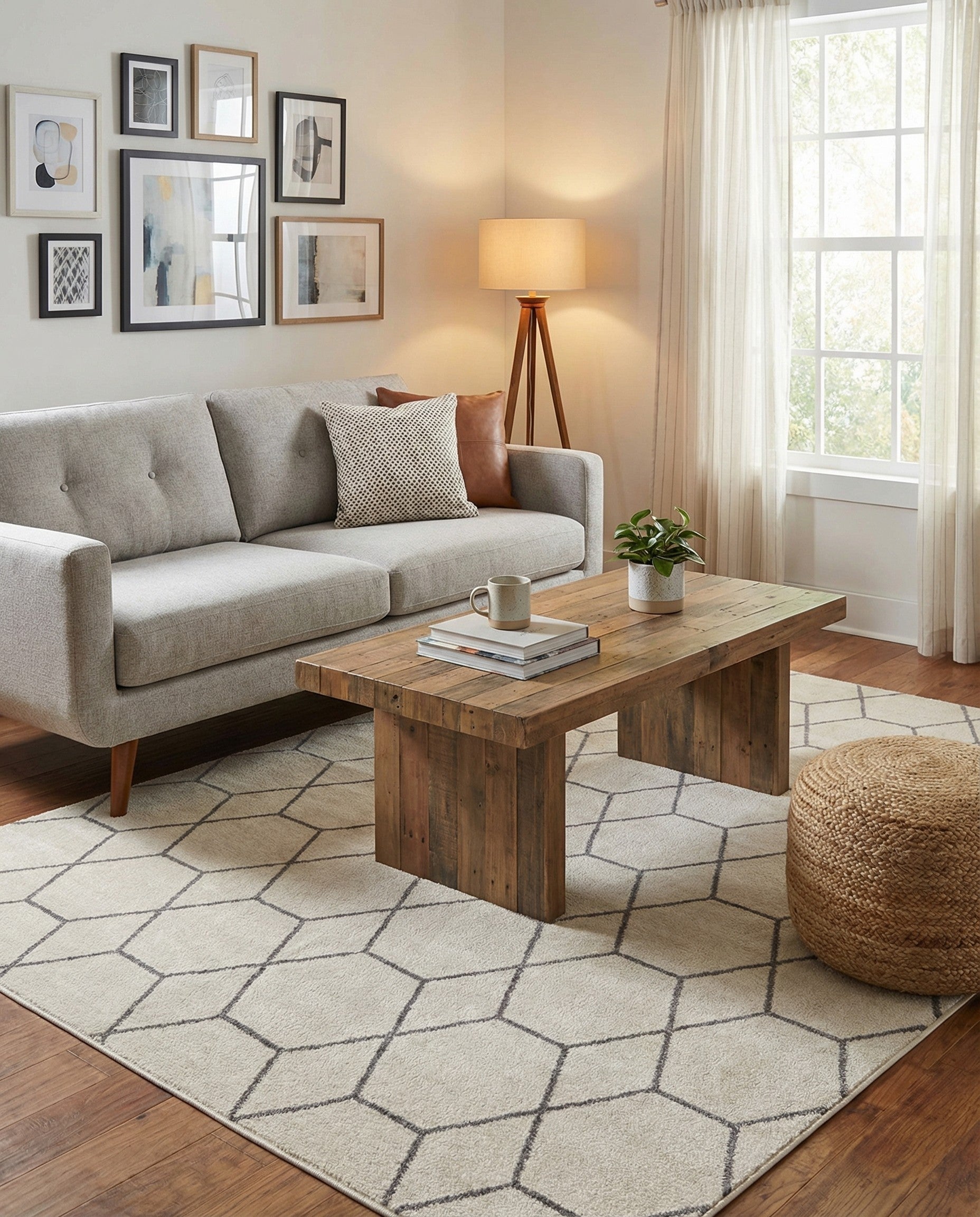 A 5x8 rectangular ivory area rug with a modern charcoal gray geometric trellis pattern, suitable for a living room.