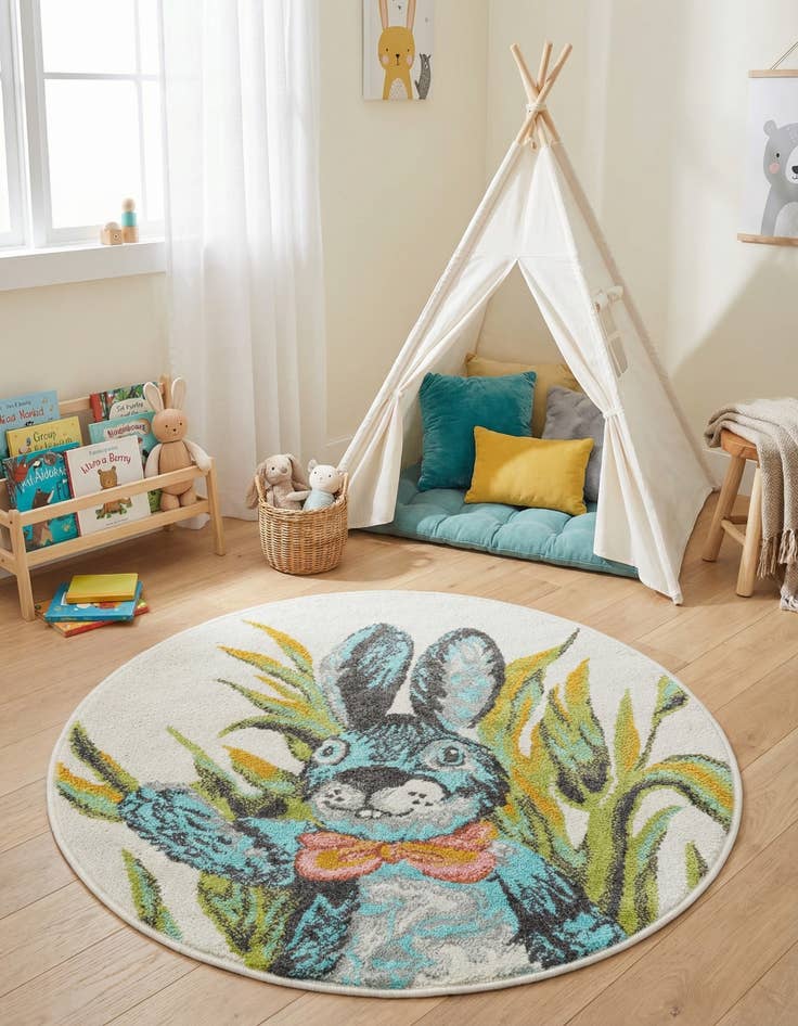 Detail image of 3' 3 x 3' 3 Rabbit Whimsy Kids Round Rug