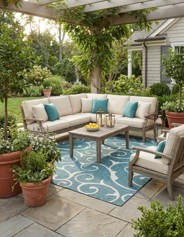 Teal Easy-Clean Botanical Indoor / Outdoor Square Rug