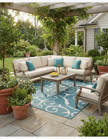Teal Easy-Clean Botanical Indoor / Outdoor Square Rug