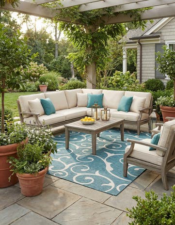 Teal Easy-Clean Botanical Indoor / Outdoor Square Rug