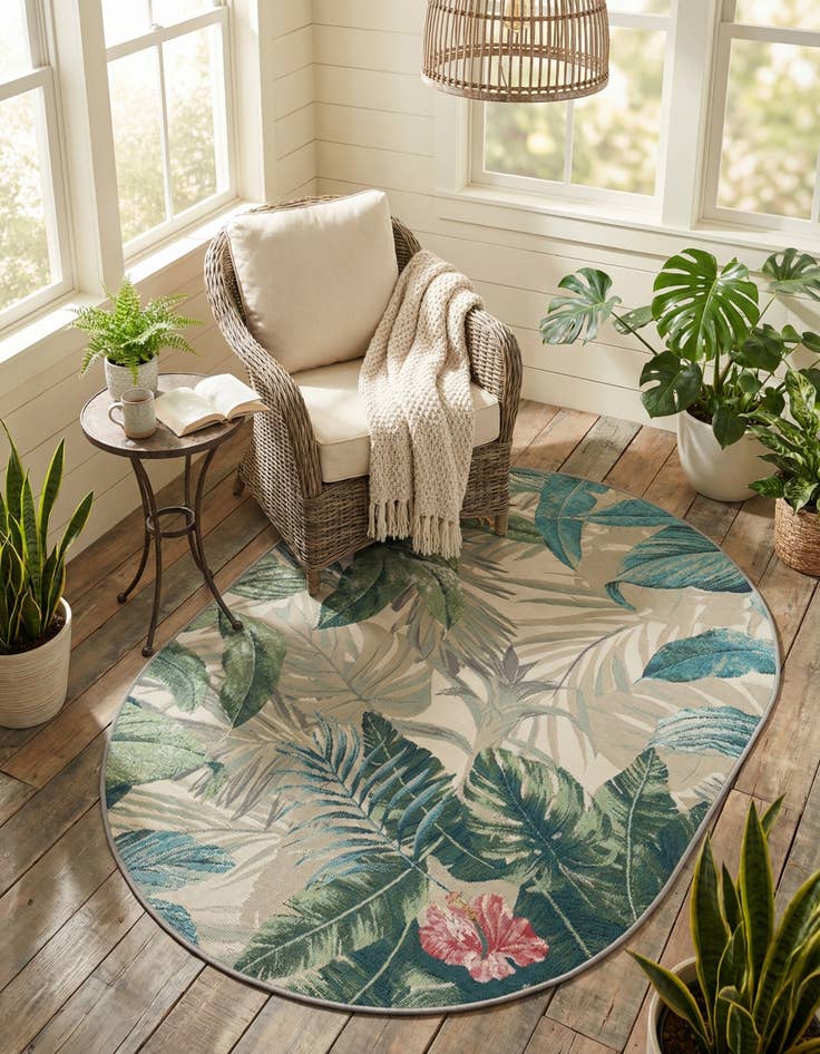 Detail image of 4' x 6' Easy-Clean Botanical Indoor / Outdoor Oval Rug