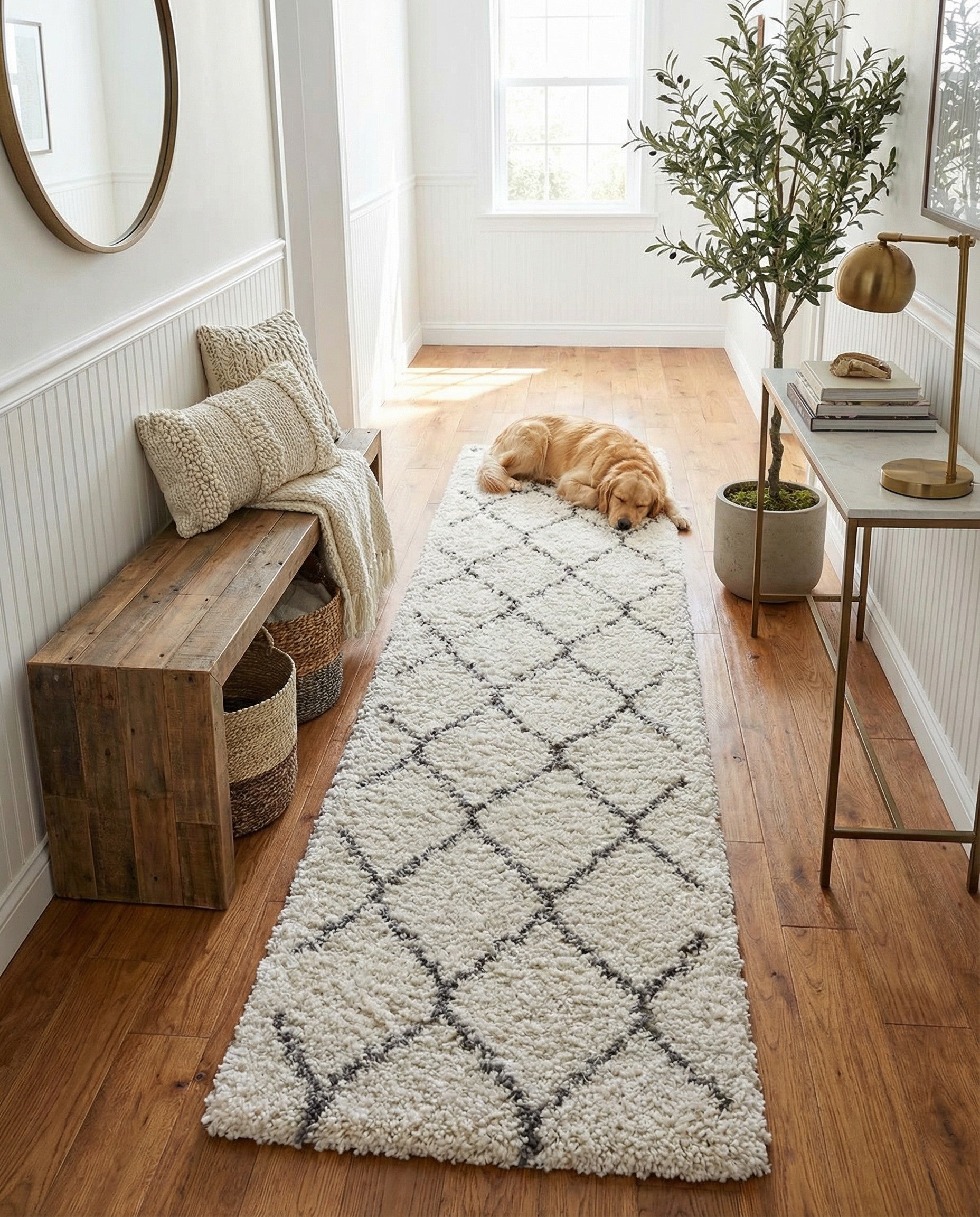 A 10 ft ivory runner rug with a gray trellis pattern, featuring a soft shag pile, perfect for a hallway.
