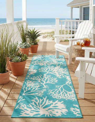 Teal Easy-Clean Coastal Indoor / Outdoor Runner Rug