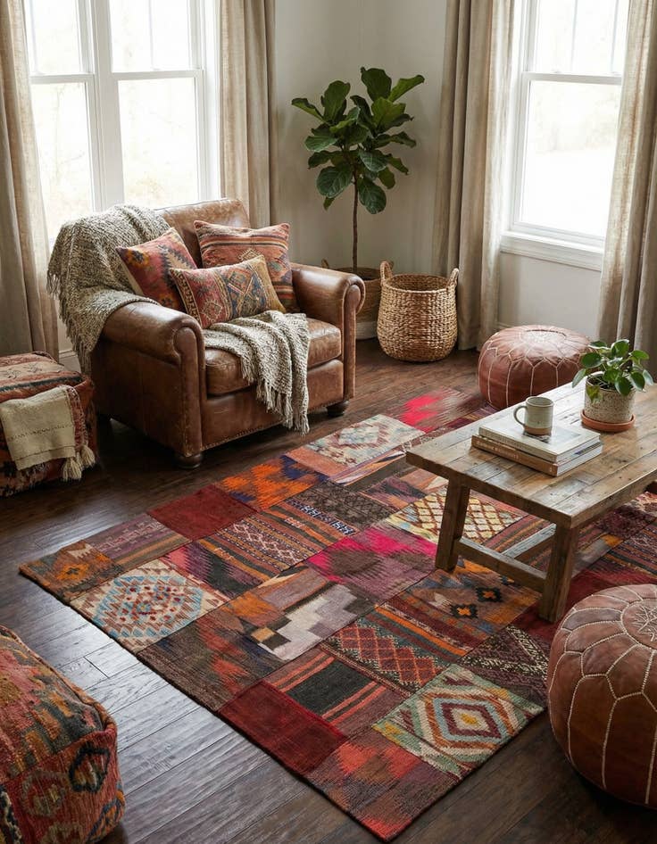 Detail image of  4' x 5' 10  Hand Woven Kilim Patchwork Wool Rug