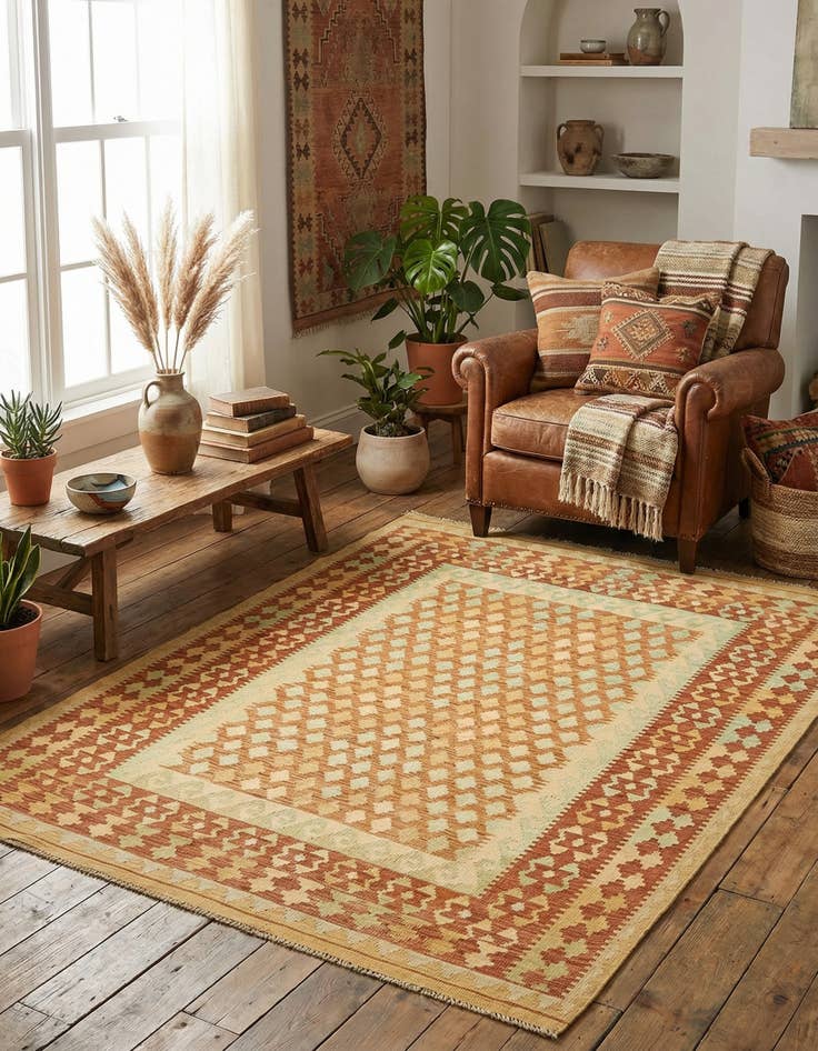 Detail image of 4' 7 x 6' 6  Hand Woven Kilim Waziri Wool Rug