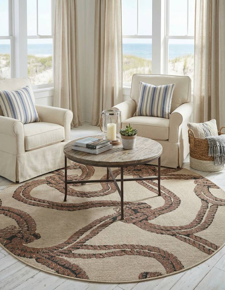 Detail image of 6' x 6'  Washable Coastal Indoor / Outdoor Round Rug