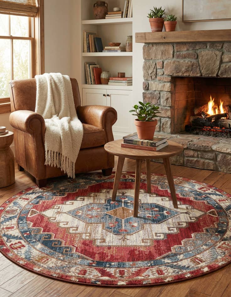 Detail image of 5' x 5'  Washable Traditional Indoor / Outdoor Round Rug