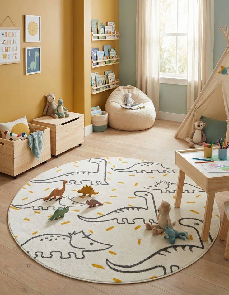 Detail image of 7' 10 x 7' 10 Dinosaur Whimsy Kids Round Rug