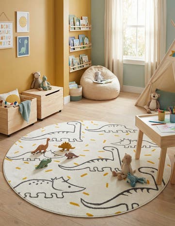 7' 10 x 7' 10 Dinosaur Whimsy Kids Round Rug
