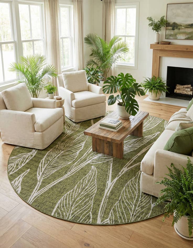 Detail image of 13' x 13' Easy-Clean Botanical Indoor / Outdoor Round Rug