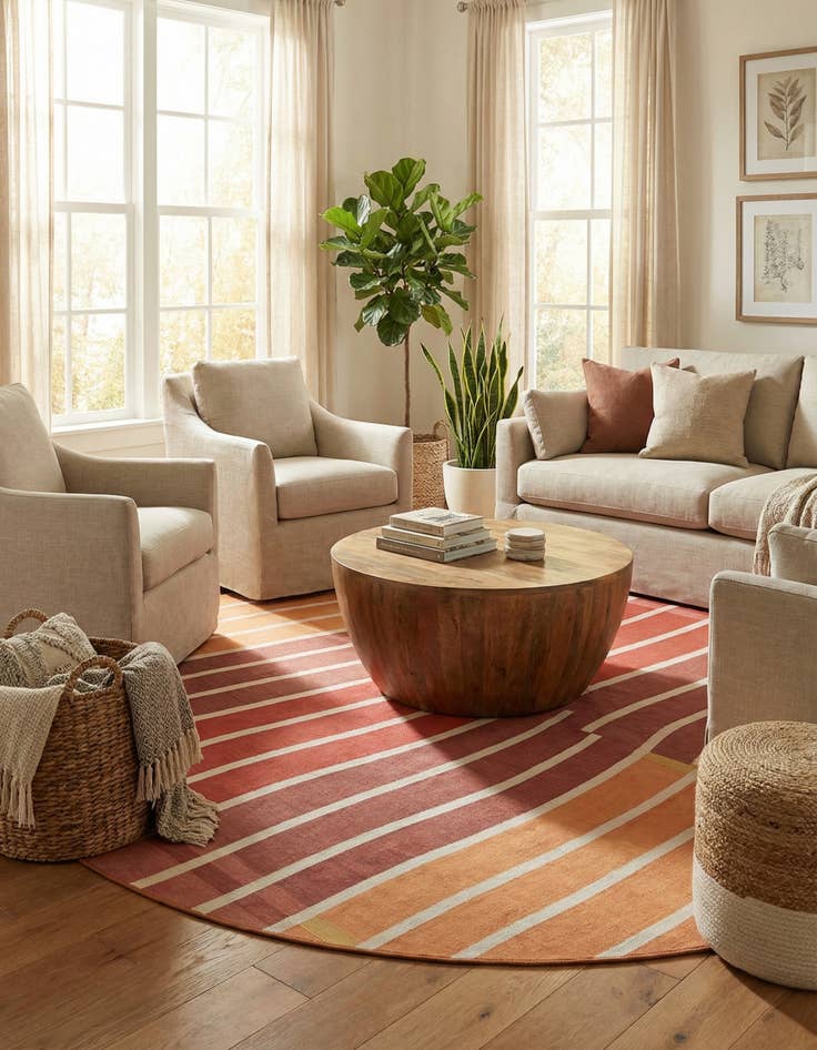 Detail image of 10' x 10'  Washable Striped Indoor / Outdoor Round Rug