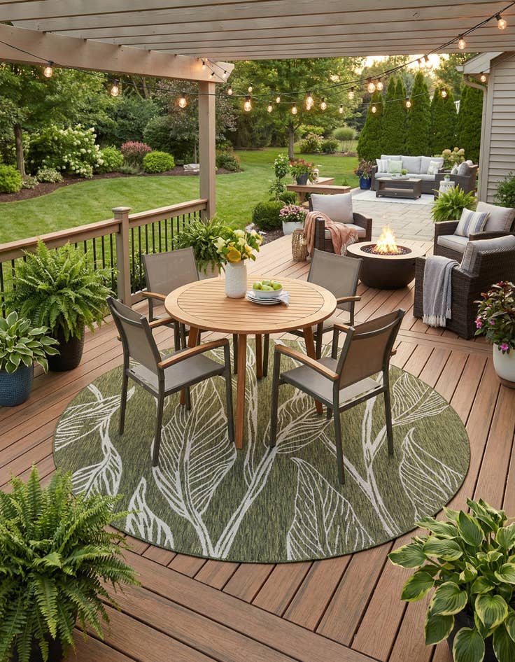 Detail image of 7' 10 x 7' 10  Washable Botanical Indoor / Outdoor Round Rug