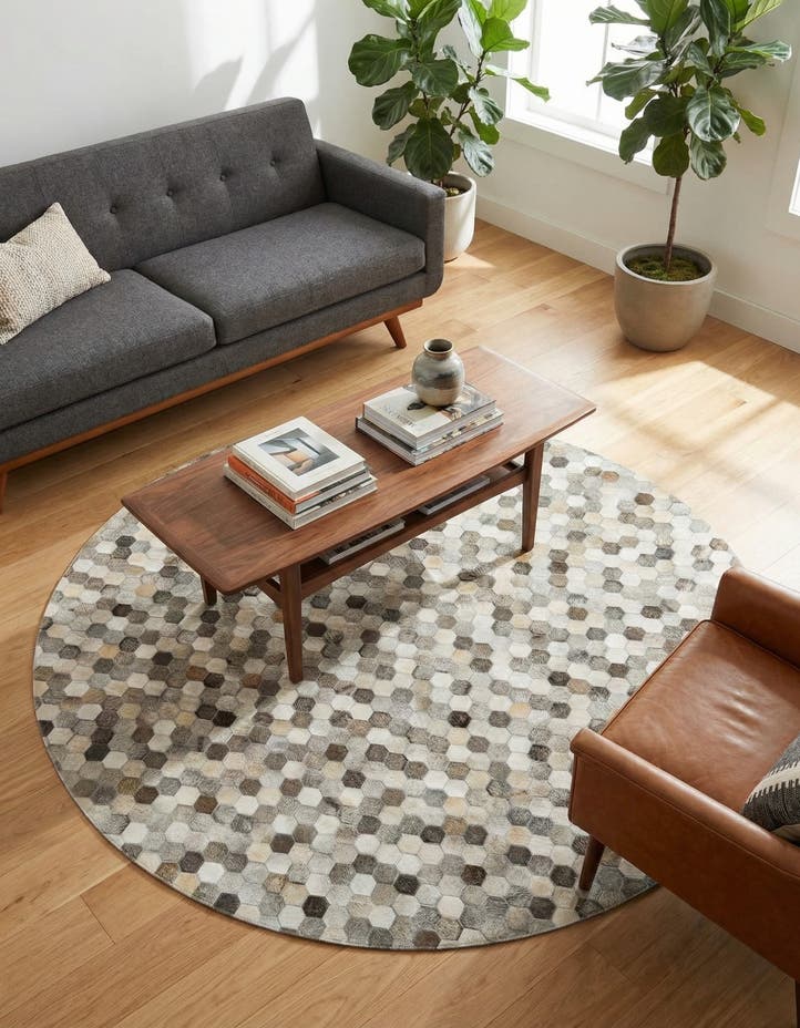 7' 10 x 7' 10 Cowhide Leather Round Rug