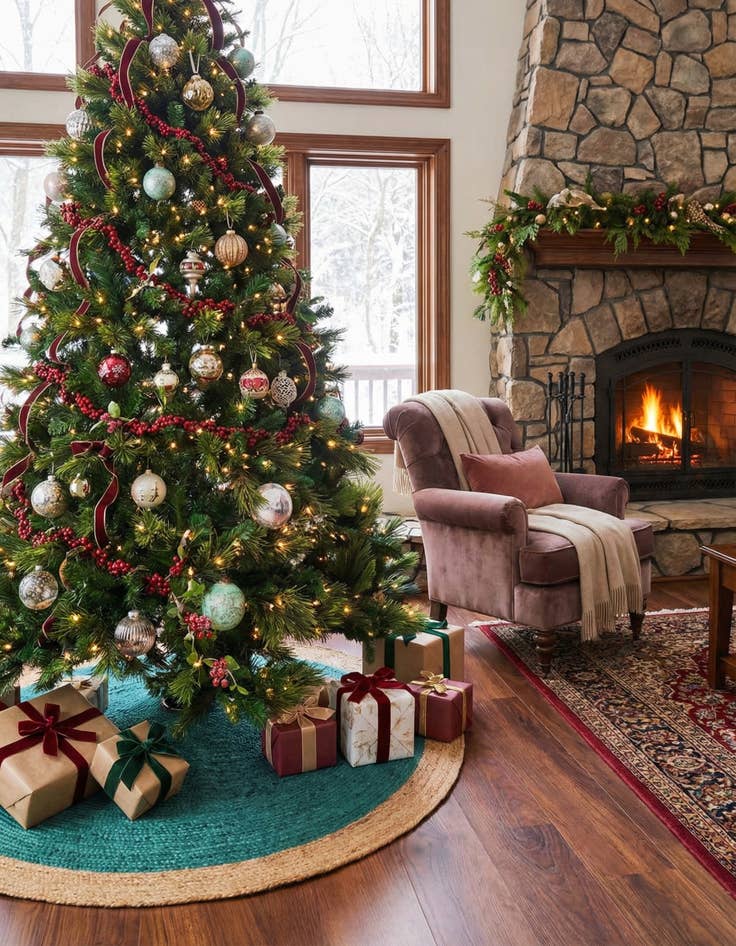 Detail image of  7' 1 x 7' 1  Hand Braided Christmas Tree Skirt