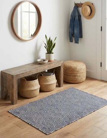 Navy Blue Hand Woven Geo Trellis Flatweave Rug
