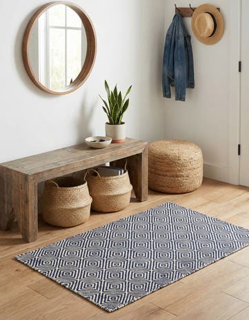 Navy Blue Hand Woven Geo Trellis Flatweave Rug