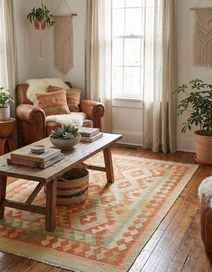 Detail image of 3' 2 x 4' 10  Hand Woven Kilim Waziri Wool Rug