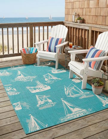 Teal Easy-Clean Coastal Indoor / Outdoor Rug