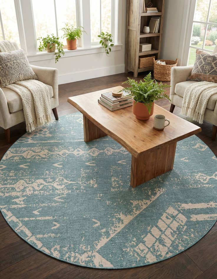 Detail image of 7' 10 x 7' 10 Easy-Clean Bohemian Indoor / Outdoor Round Rug