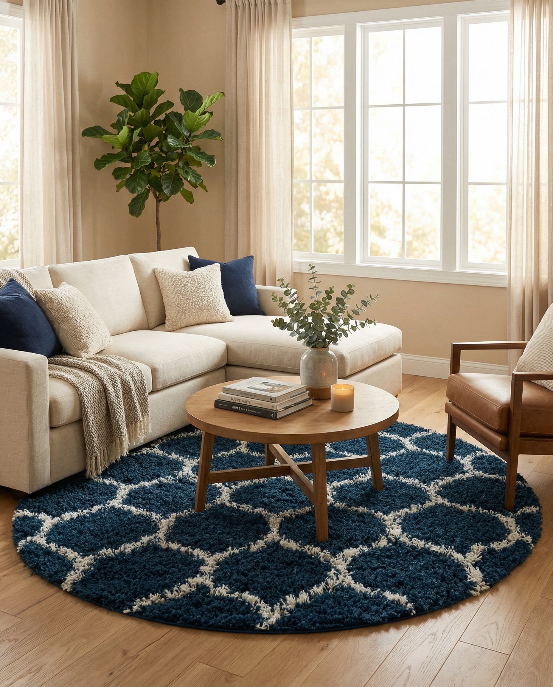 A round navy blue shag rug with a white modern lattice pattern, showcasing its high-low textured pile.
