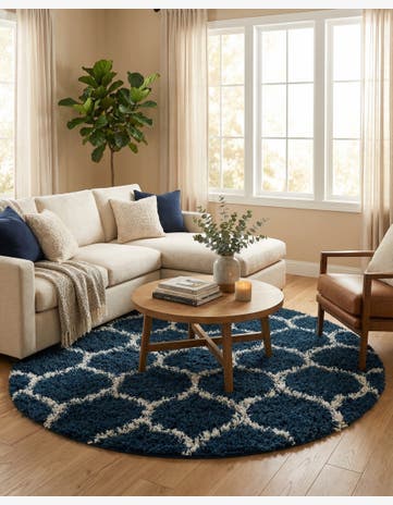 Navy Blue Lattice Shag Round Rug