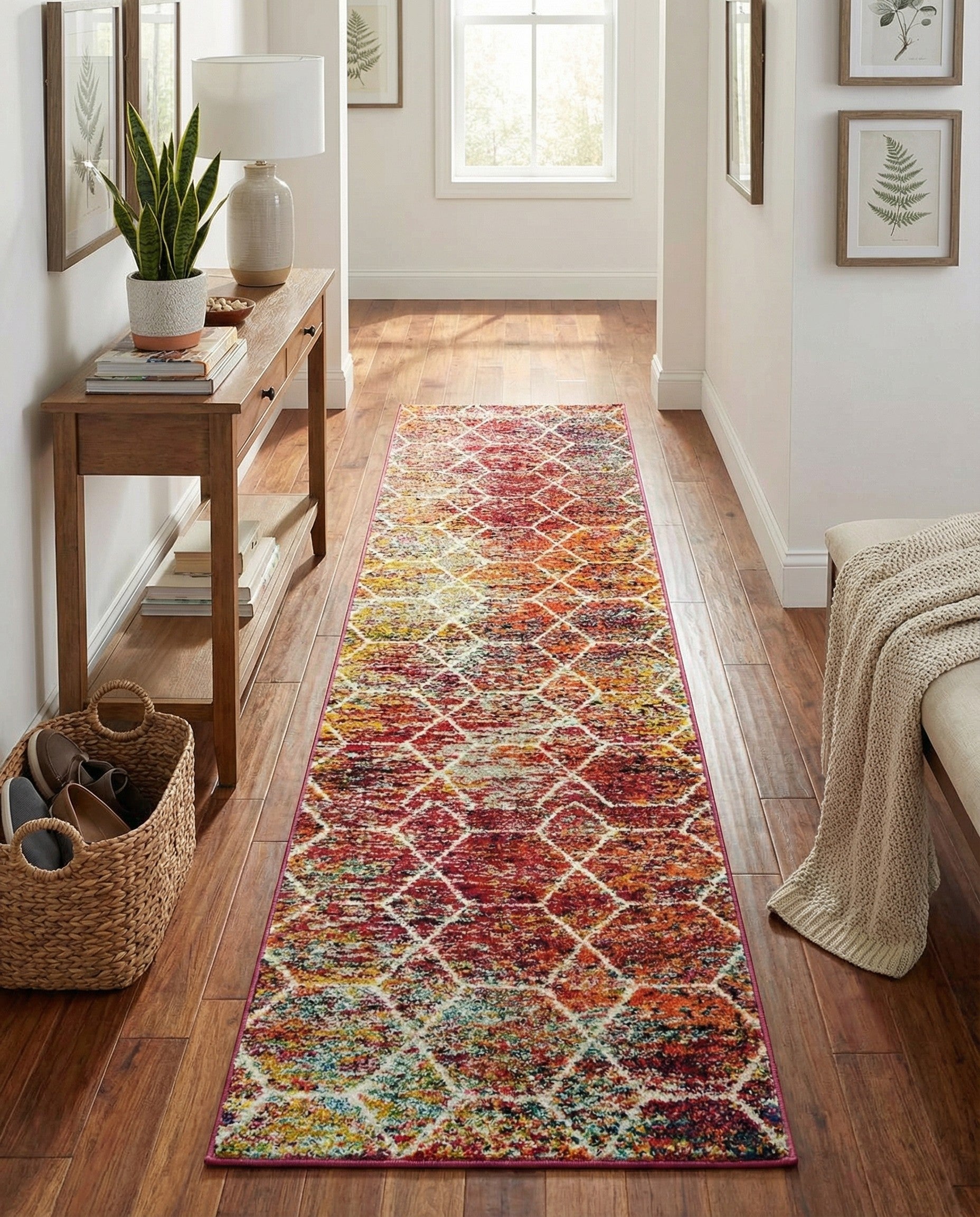 A 10 ft multi-colored runner rug with a modern trellis pattern, ideal for a hallway.