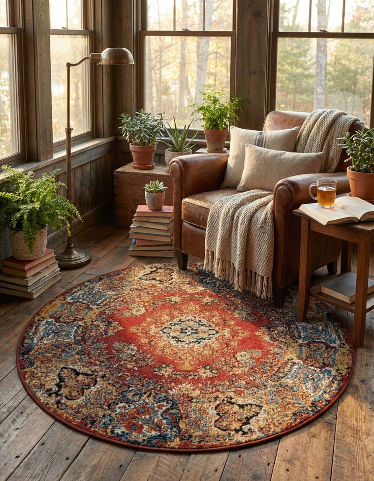 Detail image of 4' x 4'  Washable Traditional Indoor / Outdoor Round Rug