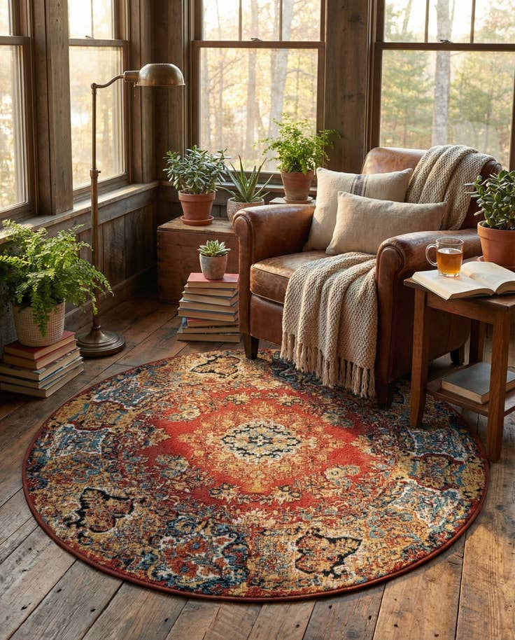 Detail image of 4' x 4' Easy-Clean Traditional Indoor / Outdoor Round Rug