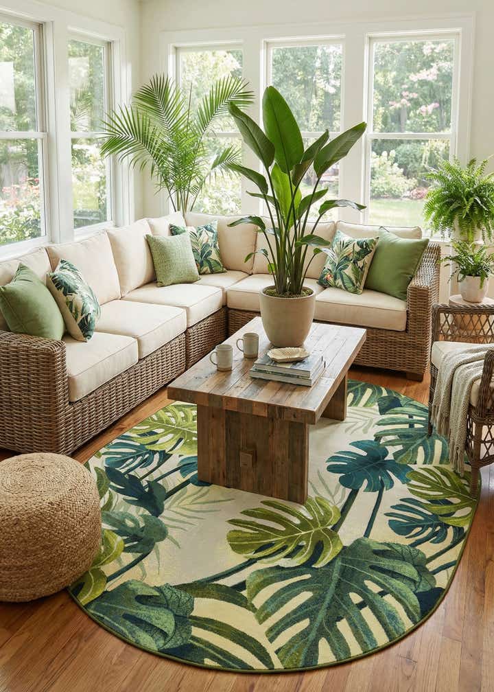 7' 10 x 10' Easy-Clean Botanical Indoor / Outdoor Oval Rug
