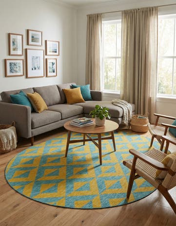 Yellow and Aqua Easy-Clean Jill Zarin Napa Indoor / Outdoor Oval Rug